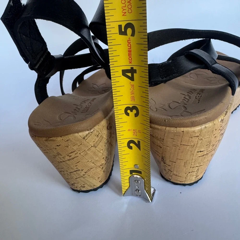 Skechers Luxe Foam Black Wedge Sandals Adjustable‎ Strap Comfortable Shoes Sz 10